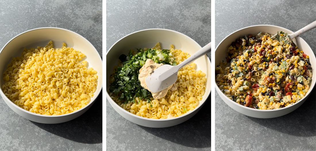 three images showing assembly of mexican street corn pasta salad