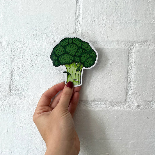 Hand holding up broccoli magnet.