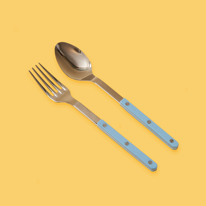 Bistrot fork and spoon serving set in pastel blue.